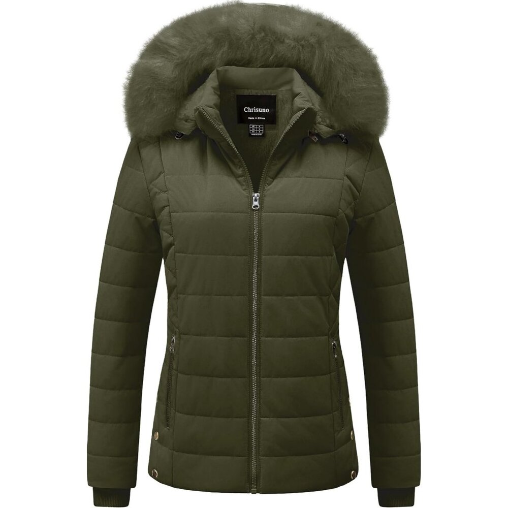 Women's Green Velvet Puffer Jackets Coat Faux Fur Lining Winter Removable Hood